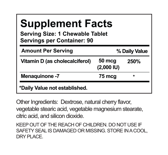 Nutripia V Vitamin K2 with D3 - Essential Bone and Heart Health Support - 90 Chewable Tablets