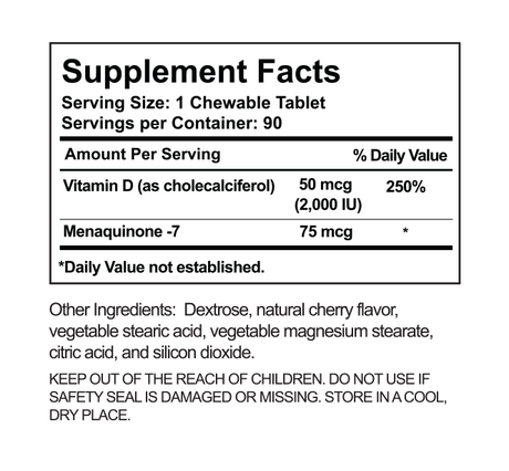 Nutripia V Vitamin K2 with D3 - Essential Bone and Heart Health Support - 90 Chewable Tablets